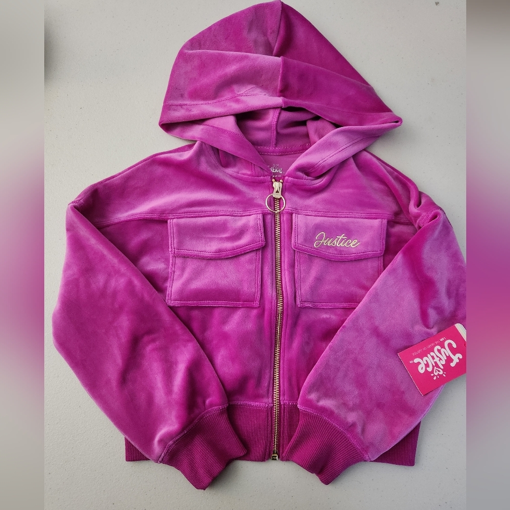 Justice Fuchsia Velvet Zip-Up Girl's Hoodie, XS(5/6), NWT